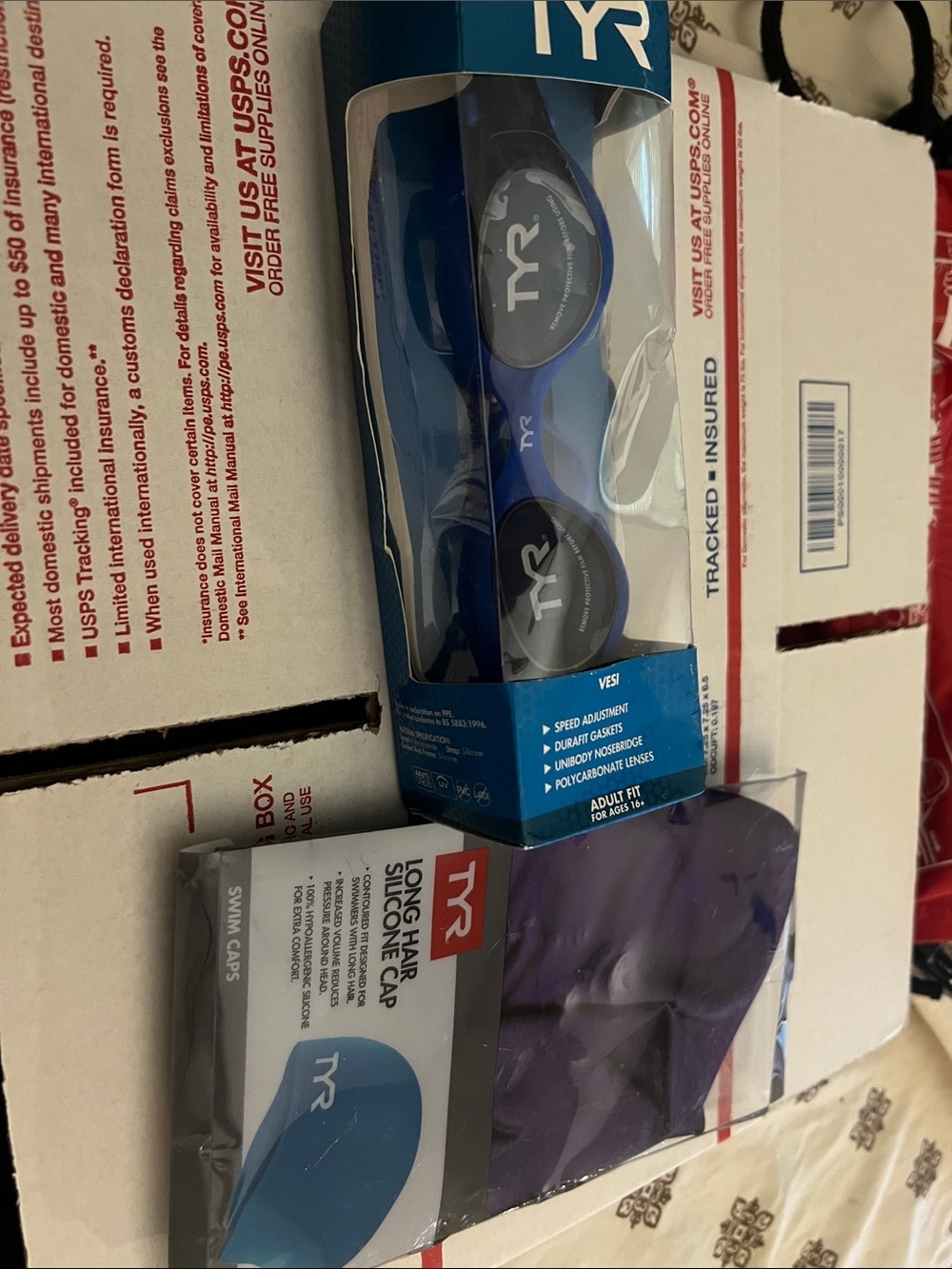 TYR Blue Racing Swim Goggles with Purple Long-Hair Silicone Cap and goggles